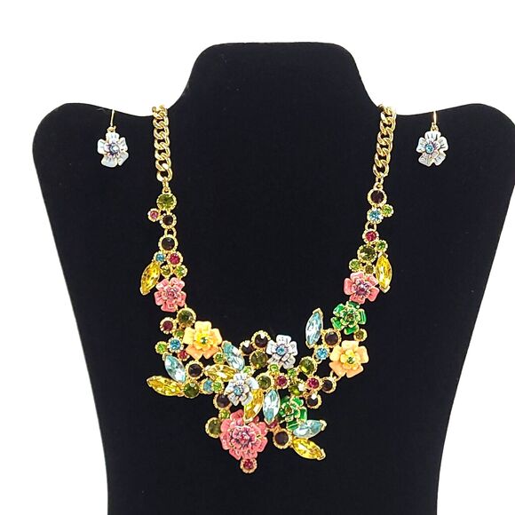 Joan Rivers Enamel Crystal 21" Necklace Earrings Statement Flowers cluster Fairy - Picture 2 of 14